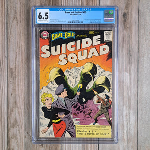 Brave and the Bold #25 CGC 6.5 1st team appearance of the Suicide Squad: Rick Flag, Jess Bright, Karin Grace, Hugh Evans (cert 5009)