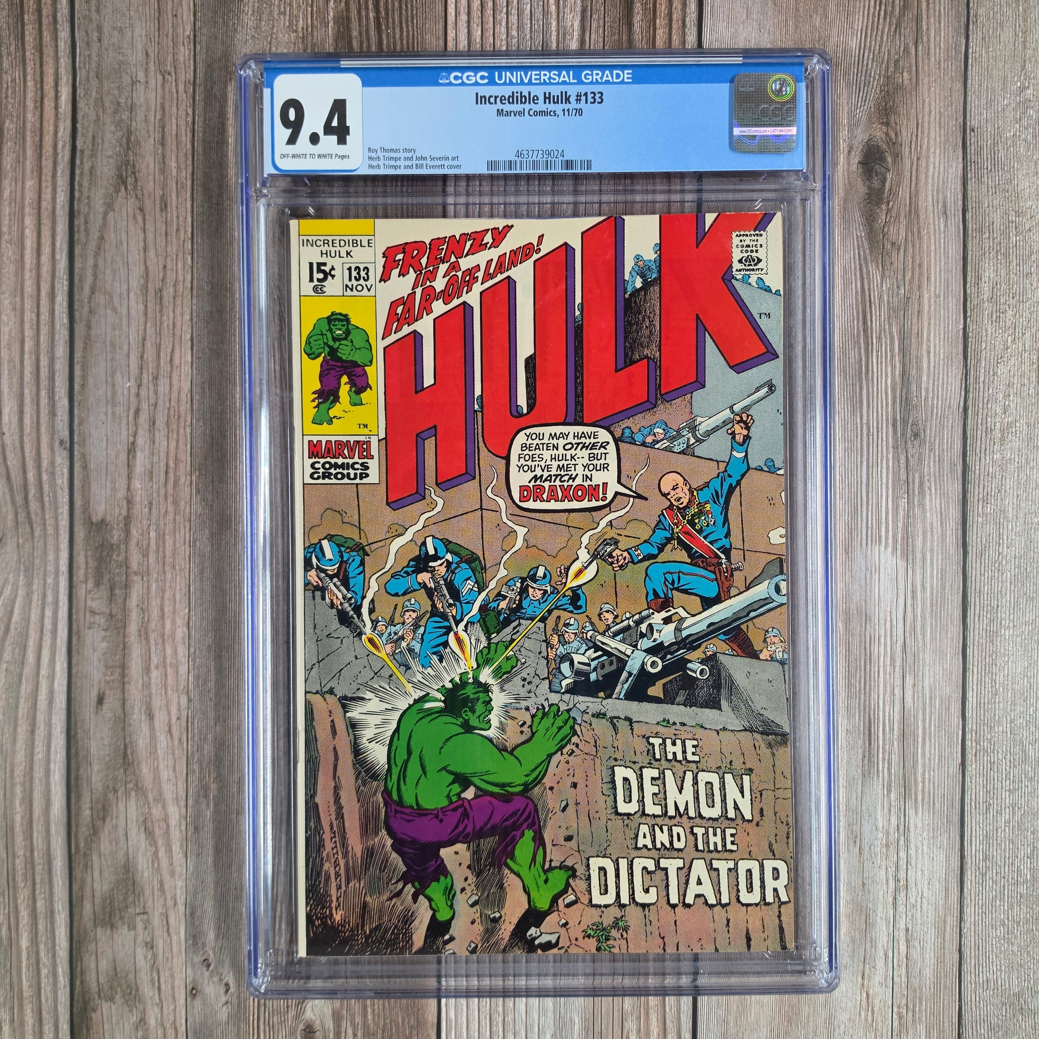 Incredible Hulk #133 CGC 9.4 Cover art by Herb Trimpe and Bill