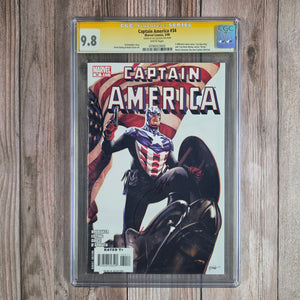 Captain America #34 CGC 9.8 WP SS Signed by Joe Quesada, U.S. flag Variant Cover art by Alex Ross, 1st appearance of Bucky Barnes as the new Captain America (Cert 3002) *