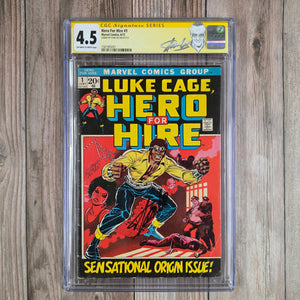 Hero For Hire #1 CGC 4.5 Custom Label, SS Signed by Stan Lee, 1st Appearance and Origin of Luke Cage, 1st Appearance of Diamondback, Comanche and Shades (Cert 5001)