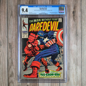 Daredevil #43 CGC 9.4 CLASSIC Cover art by Jack Kirby and Joe Sinnott, Retold origin of Daredevil. 1st battle Daredevil versus Captain America (From the collection of David Parsow, Stan Lee's personal tailor *) (Cert 6003)