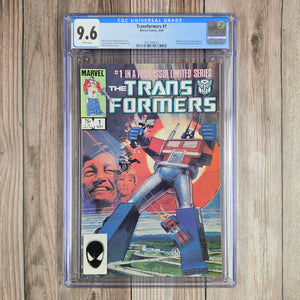 Transformers #1 CGC 9.6 WP 1st team appearance of the Autobots: Optimus Prime, Bumblebee, Prowl, Ironhide, Huffer, Cliffjumper, Sideswipe, Hound, Gears, Brawn, Sunstreaker, Bluestreak, Windcharger, Ratchet, Wheeljack, Trailbreaker, Mirage (cert 5022)