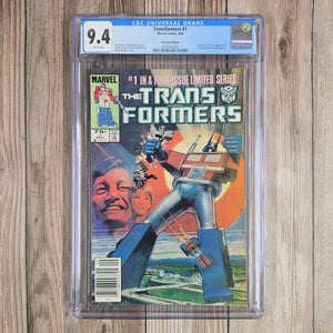 Transformers #1 CGC 9.4 WP 1st team appearance of the Autobots: Optimus Prime, Bumblebee, Prowl, Ironhide, Huffer, Cliffjumper, Sideswipe, Hound, Gears, Brawn, Sunstreaker, Bluestreak, Windcharger, Ratchet, Wheeljack, Trailbreaker, Mirage (cert 3003)