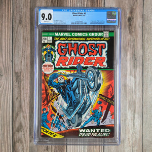Ghost Rider #1 CGC 9.0 WP 1st cameo appearance of Daimon Hellstrom, Son of Satan, ICONIC Cover art by Gil Kane and Joe Sinnott (Cert 1003)