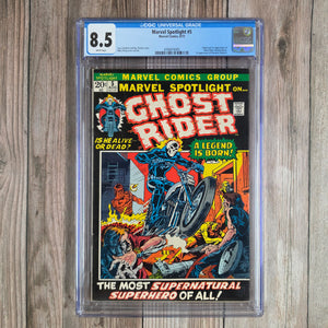 Marvel Spotlight #5 CGC 8.5 WP 1st appearance and origin of Ghost Rider (Johnny Blaze), 1st appearance of Roxanne Blaze (Cert 6005)