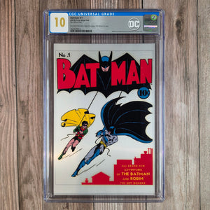 Batman #1 CGC 10 (2018) pure silver foil, 35g .999 fine silver, New Zealand Mint replica image of the 1940 Batman #1 cover (cert 9015)