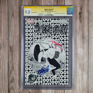 Spider-Gwen #1 CGC 9.8 WP SS Signed by Stan Lee and Todd McFarlane, Phantom Sketch Cover Amazing Spider-Man #300 Cover Homagez, 1st appearance of the Bodega Bandi (Cert 9018)