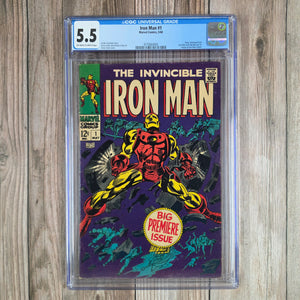Iron Man #1 CGC 5.5 1st ongoing title series featuring Iron Man, origin of Iron Man, identity of Big M revealed as Whitney Frost (Madame Masque) (Cert 4002)