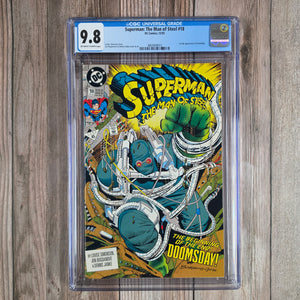 Superman: The Man of Steel #18 CGC 9.8 1st full appearance of Doomsday, mostly obscured by a containment suit with one arm bound behind his back as he wreaks havoc across the countryside (cert 9015)