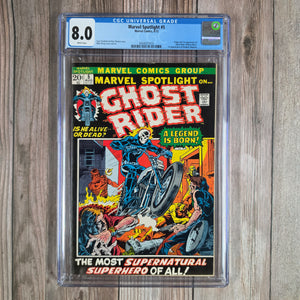 Marvel Spotlight #5 CGC 8.0 WP 1st appearance and origin of Ghost Rider (Johnny Blaze), 1st appearance of Roxanne Blaze (Cert 1015)