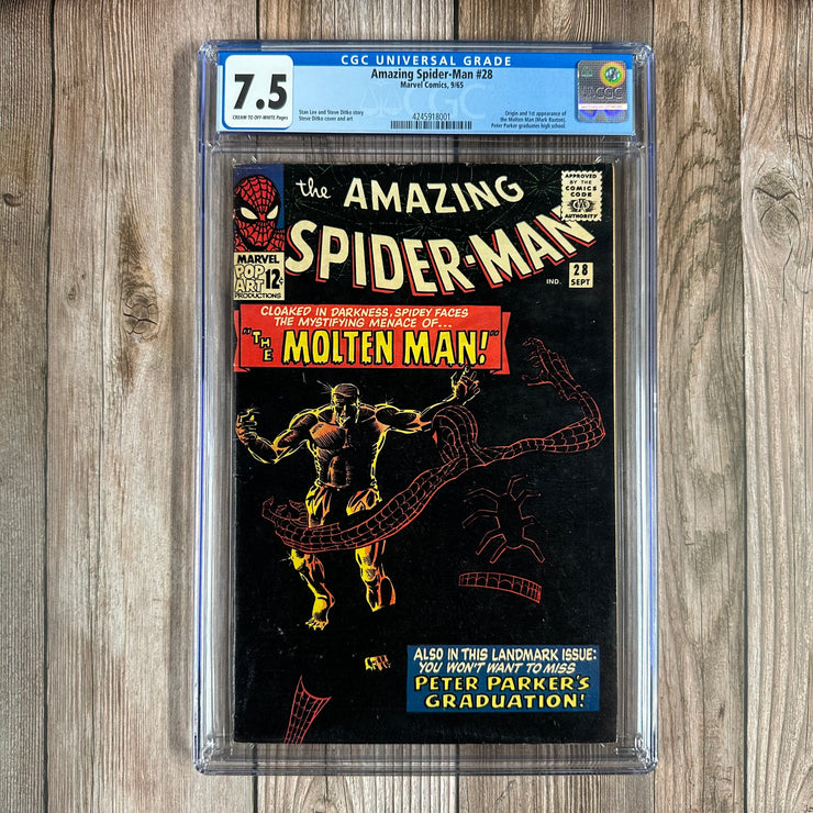 Amazing Spider-Man #28 CGC 7.5 1st appearance and origin of Molten Man, Peter Parker graduates from high school