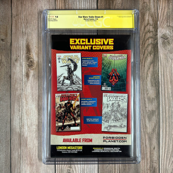 Star Wars: Vader Down #1 CGC 9.8 WP SS Signed by John Tyler Christopher (“RUUURHRGUGH!!” & “He’s No Good to Me Dead!”)  Forbidden Planet Edition