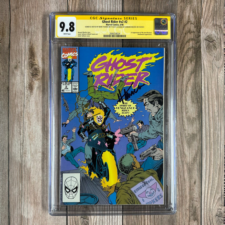 Ghost Rider #2 CGC 9.8 WP SS Signed & Sketched by Mark Texeira and Signed by Howard Mackie, 1st appearance of Blackout