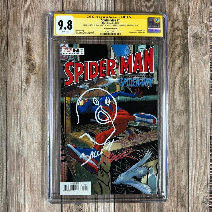 Spider-Man #7 CGC 9.8 WP SS Signed & Sketched by Mark Bagley and Signed by Humberto Ramos,  Secret Spoiler Variant Cover by Humberto Ramos, 1st appearance of Spider-Boy