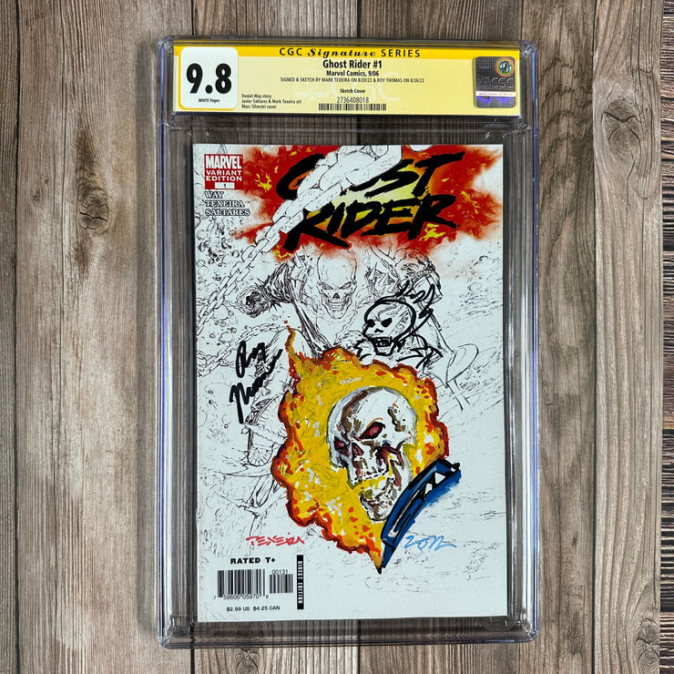 Ghost Rider #1 CGC 9.8 WP 1:30 Marc Silvestri Variant, SS Signed & Sketched by Mark Texeira and Signed by Roy Thomas