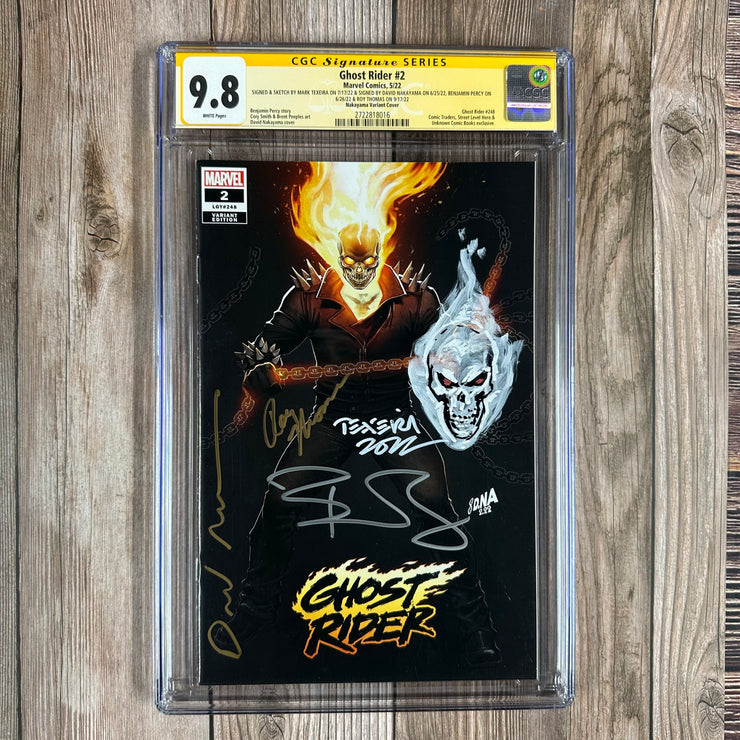 Ghost Rider #2 CGC 9.8 WP SS Signed & Sketched by Mark Texeira, Signed by David Nakayama, Benjamin Percy, and Roy Thomas, Store Exclusive Cover Art by David Nakayama
