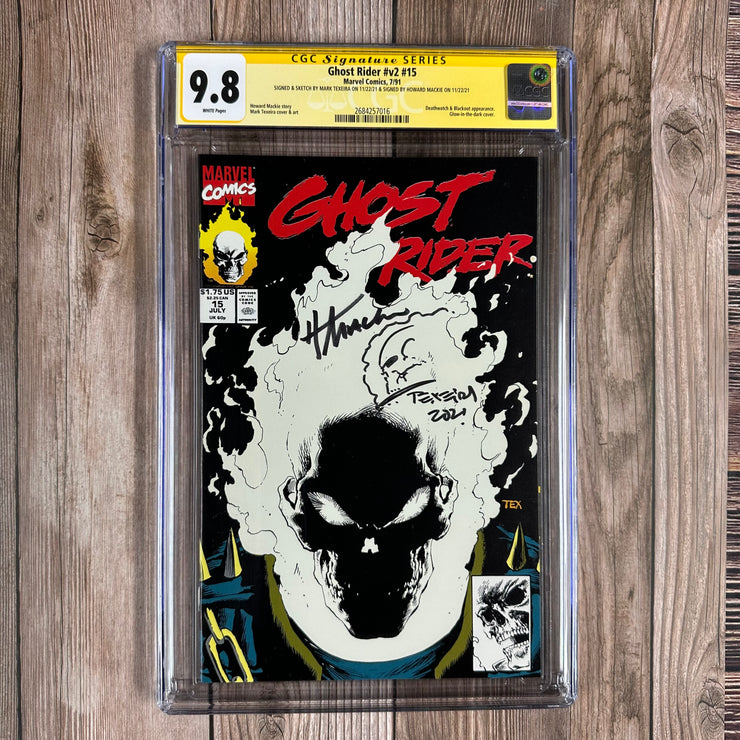 Ghost Rider #15 CGC 9.8 WP SS Signed & Sketched by Mark Texeira and Signed by Howard Mackie, Cover Art by Mark Texeira, 1st glow-in-the-dark comic cover