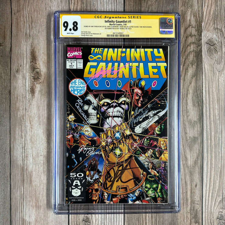 Infinity Gauntlet #1 CGC 9.8 WP CGC SS Signed by Jim Starlin, Chris Claremont, Frank Miller, Glynis Oliver, Tom Orzechowski, Joe Rubinstein & Roy Thomas, ICONIC cover by George Perez  (cert:0007)