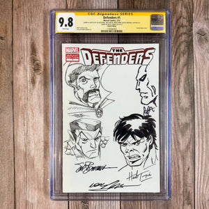 Defenders #1 CGC 9.8 WP SS Signed and Sketched by Sal Buscema, Jim Starlin, Herb Trimpe, Rich Woodall and Neal Adams, Sketch Blank Cover Edition (Cert 6002)