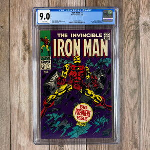 Iron Man #1 CGC 9.0 WP 1st ongoing title series featuring Iron Man, origin of Iron Man, identity of Big M revealed as Whitney Frost (Madame Masque)  (Cert 5001)