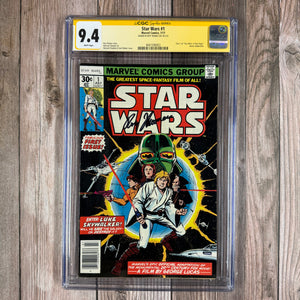 Star Wars #1 CGC 9.4 WP SS Signed by Roy Thomas, Official comic adaptation of Star Wars: A New Hope, 1st appearance of Luke Skywalker, Darth Vader, Princess Leia...etc. (Cert 0003)