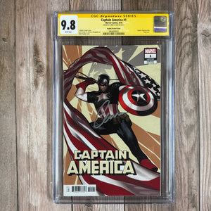 Captain America #1 CGC 9.8 WP SS Signed by Chris Evans Hughes Variant Cover U.S. Flag Cover (Cert 0001)