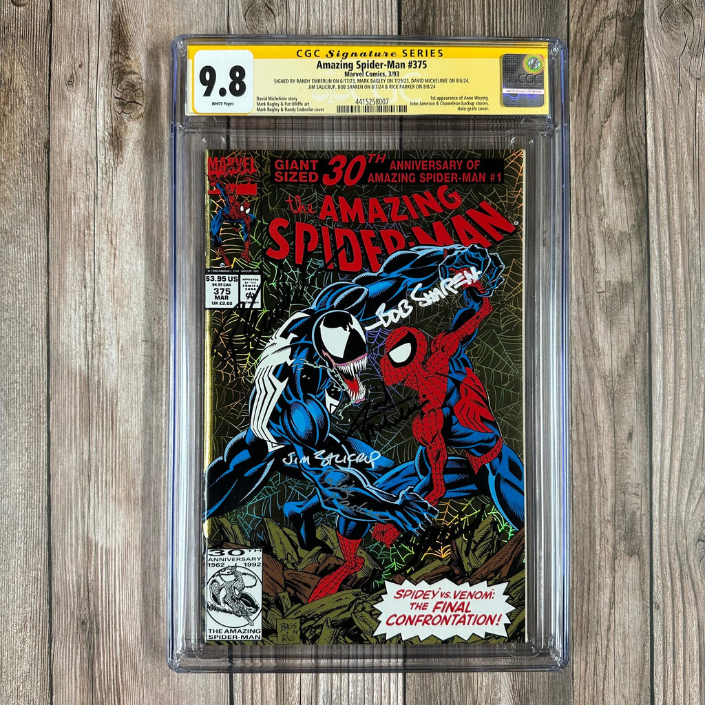 Bry's Comics Amazing Spider-Man #375 CGC 9.8 WP SS Signed by Randy Emberlin, Mark Bagley, David Michelinie, Jim Salicrup, Bob Sharen & Rick Parker Gold holo-grafx cover, 1st appearance of Anne Weying (She-Venom) (cert:8007)
