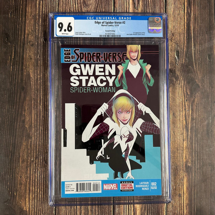 Bry's Comics *B0X02 Edge of Spider-Verse #2 CGC 9.6 WP 2nd Printing, 1st appearance of Spider-Gwen, 1st appearance of Em Jay Watson (Earth-65), 1st team appearance of the Mary Janes (cert 8002)
