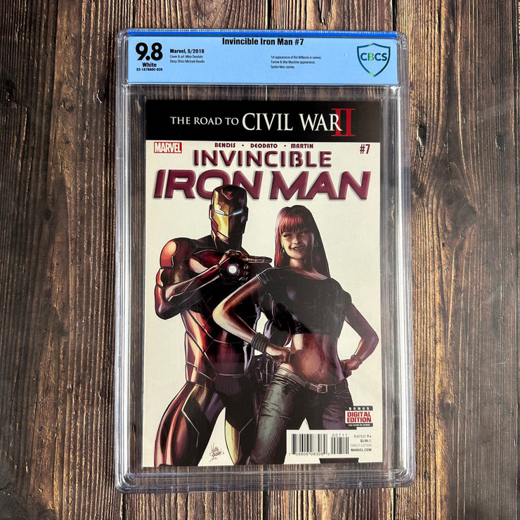 Bry's Comics *B0X04 Invincible Iron Man #7 CBCS 9.8 WP Cover Art by Mike Deodato Jr., 1st cameo appearance of Riri Williams aka Ironheart, 1st appearance of Tomoe