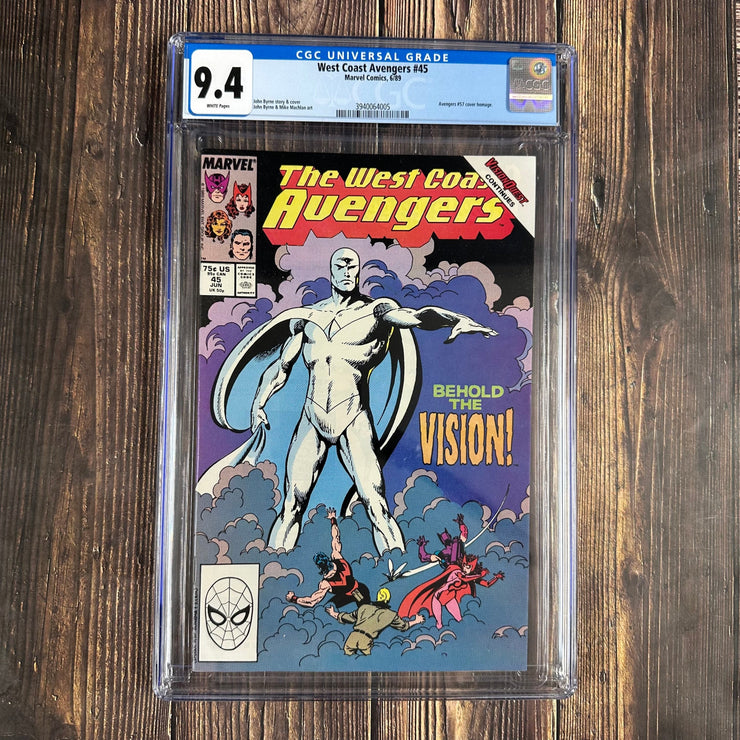 Bry's Comics *B0X04 West Coast Avengers #45 CGC 9.4 WP Cover Art by John Byrne, 1st appearance of the Vision, colorless, after being dismantled and reassembled without programming
