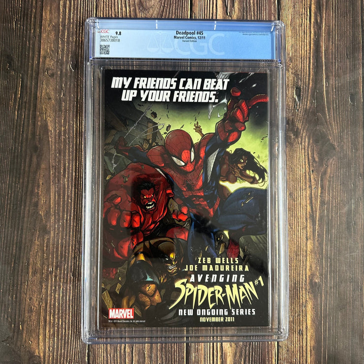 Bry's Comics *B0X05 Deadpool #45 CGC 9.8 WP 1:50 Variant Cover by Greg Horn, over art inspired by Ultimate Spider-Man #1