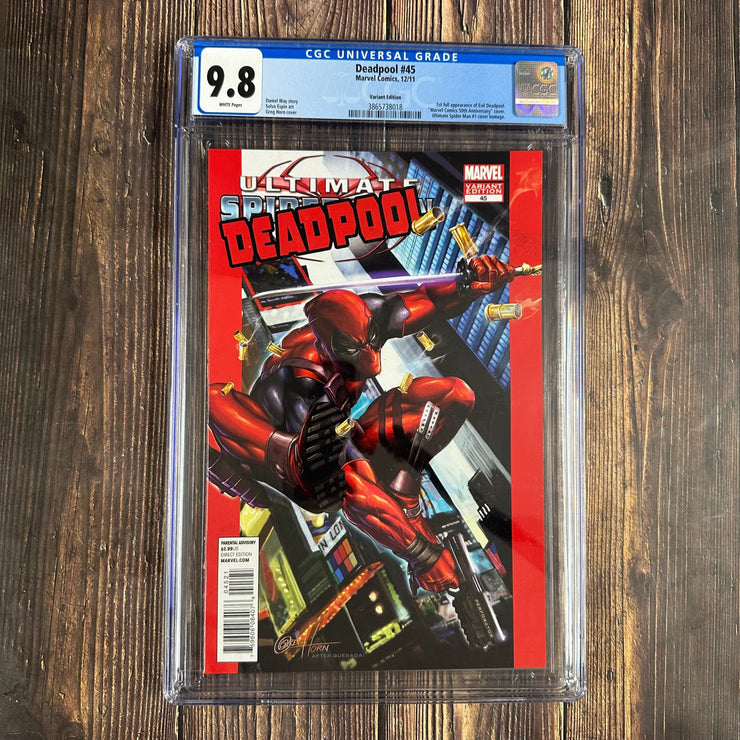 Bry's Comics *B0X05 Deadpool #45 CGC 9.8 WP 1:50 Variant Cover by Greg Horn, over art inspired by Ultimate Spider-Man #1