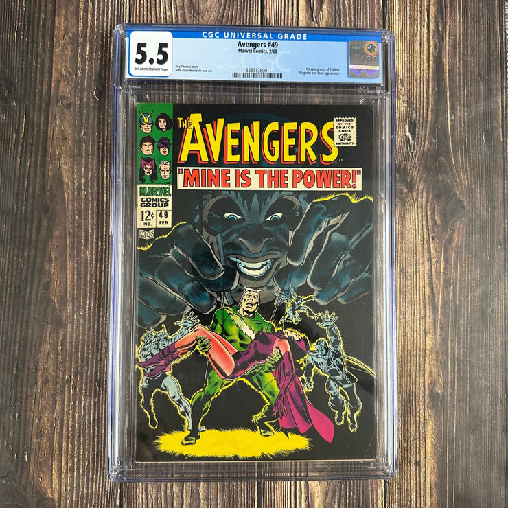 Bry's Comics *B0X07 Avengers #49 CGC 5.5 Cover Art by John Buscema, 1st appearance of Typhon, Scarlet Witch and Quicksilver quit the Avengers, Magneto proposes mutant nation to the U.N.