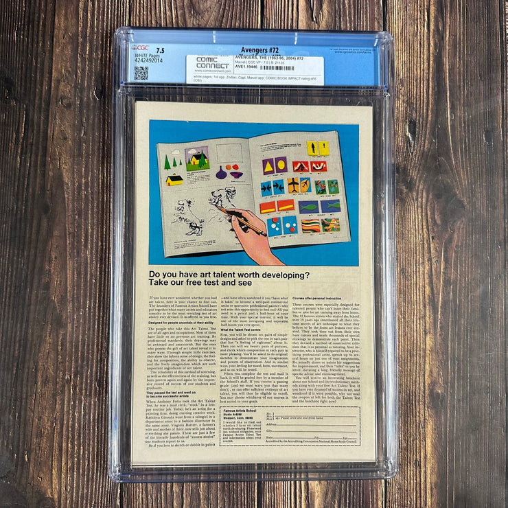Bry's Comics *B0X07 Avengers #72 CGC 7.5 WP Cover Art by Sal Buscema, 1st team appearance of Zodiac Cartel: Scorpio, Taurus, Libra, Pisces, Gemini, Aries, Capricorn, Leo, Sagittarius, Cancer, Virgo, Aquarius