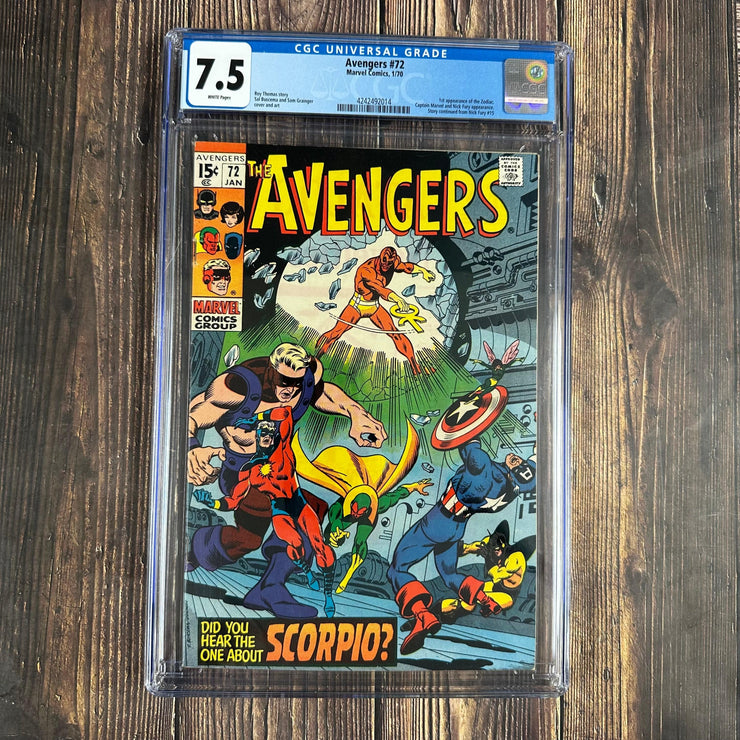 Bry's Comics *B0X07 Avengers #72 CGC 7.5 WP Cover Art by Sal Buscema, 1st team appearance of Zodiac Cartel: Scorpio, Taurus, Libra, Pisces, Gemini, Aries, Capricorn, Leo, Sagittarius, Cancer, Virgo, Aquarius