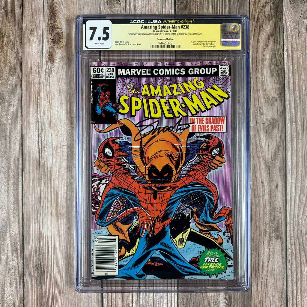 Bry's Comics *B0X1 Amazing Spider-Man #238 CGC 7.5 WP Authenticated Signature of Jim Shooter, Signed by Andrew Garfield.  1st appearance of the Hobgoblin (Roderick Kingsley), includes Tattooz insert NEWSSTAND EDITION (cert:6002)
