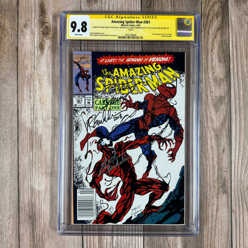 Bry's Comics *B0X1 Amazing Spider-Man #361 CGC 9.8 WP SS Signed by Mark Bagley, Tom DeFalco, Randy Emberlin & David Michelinie 1st full appearance of Carnage (Cletus Kasady) NEWSSTAND EDITION (cert:8006)