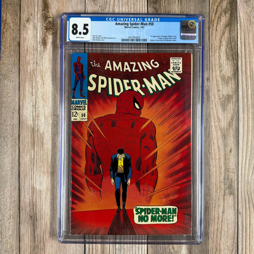 Bry's Comics *B0X1 Amazing Spider-Man #50 CGC 8.5 WP ICONIC cover by John Romita Sr. 1st appearance of the Kingpin (Wilson Fisk), “Spider-Man No More” ICONIC story and panel
