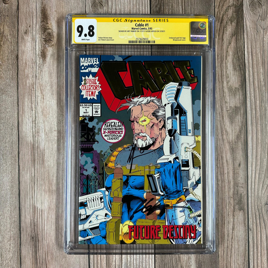 Bry's Comics *B0X1 Cable #1 CGC 9.8 WP SS Signed by Art Thibert & Rob Liefeld, Embossed gold foil,logo, Wraparound cover, Origin of Cable, 1st appearance of Sinsear and Clan Chosen (cert:9010)