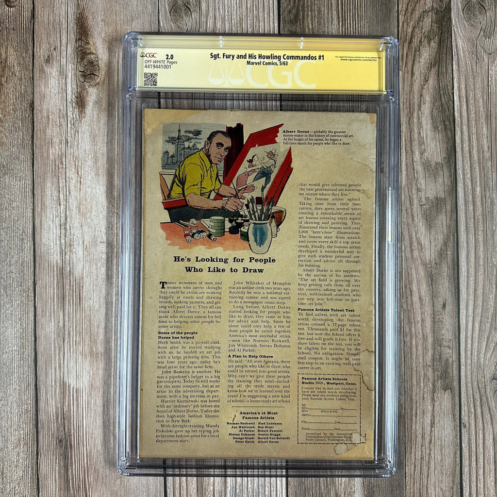 Bry's Comics *B0X1 Sgt. Fury and His Howling Commandos #1 CGC 2.0 SS Signed by Roy Thomas, 1st appearance of Sgt. Fury, Dum Dum Dugan, the Howlers, and Captain "Happy Sam" Sawyer (cert:1001)