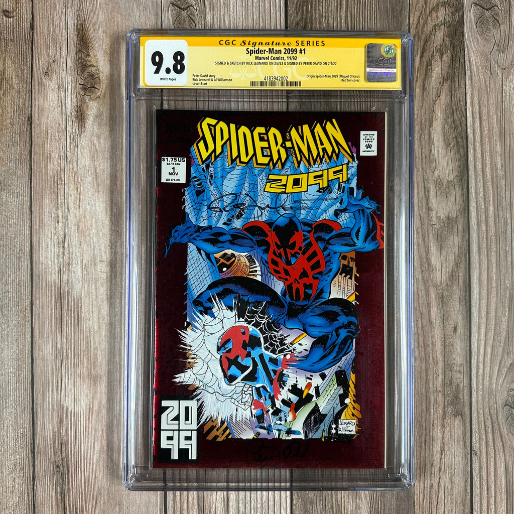 Bry's Comics *B0X1 Spider-Man 2099 #1 CGC 9.8 WP SS Signed & Sketched by Rick Leonardi & Signed by Peter David 1st appearance and origin of Spider-Man 2099 (Miguel O'Hara), Red foil cover (cert:2002)