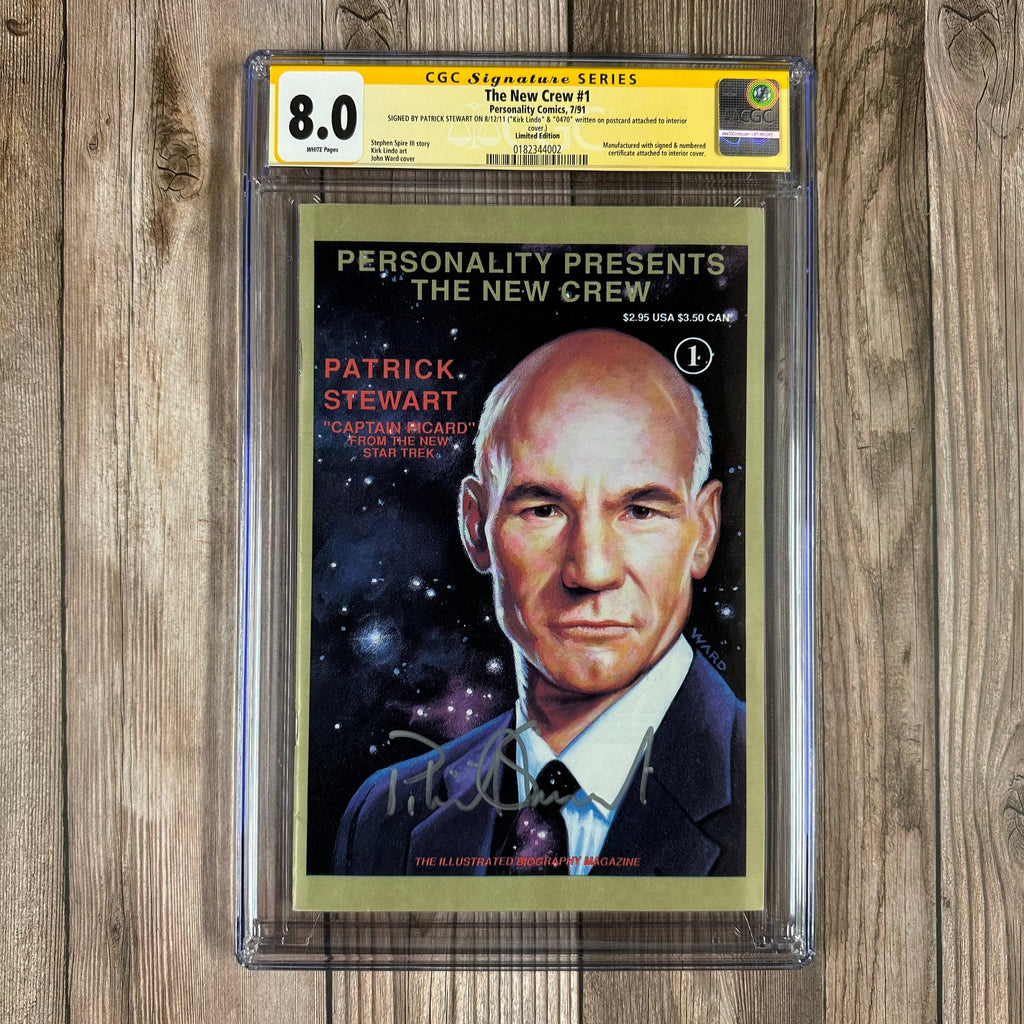Bry's Comics *B0X1 The New Crew #1 CGC 8.0 WP SS Signed by Patrick Stewart, ("Kirk Lindo") & "0470' written on postcard attached to interior cover, Limited Edition