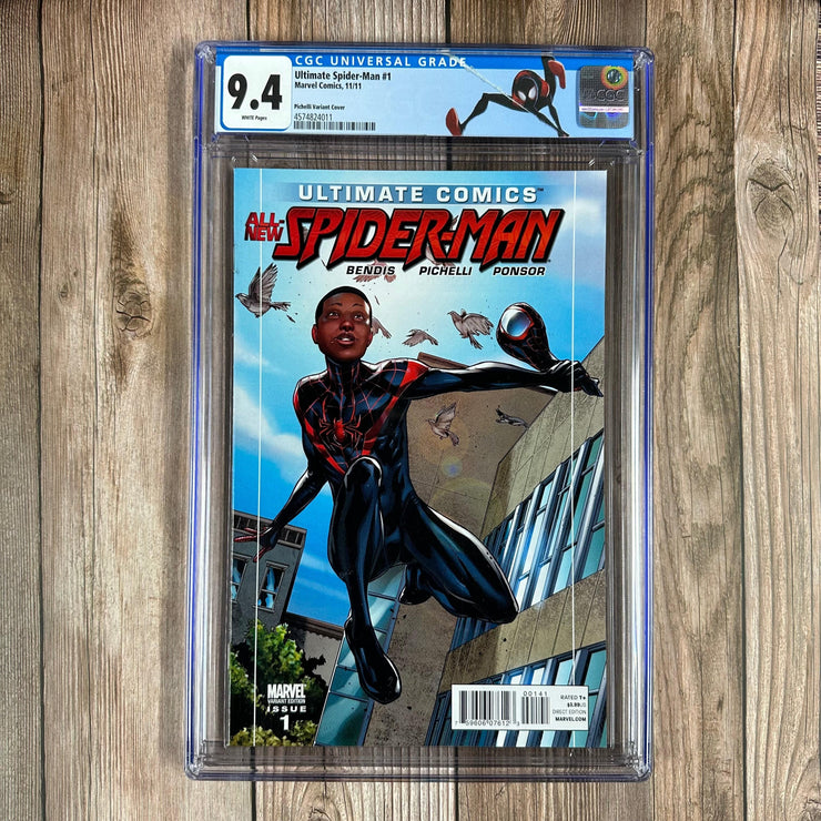 Bry's Comics *B0X1 Ultimate Comics Spider-Man #1 CGC 9.4 WP Custom Label, 1:15 Sara Pichelli Variant, 2nd appearance of Miles Morales, Ultimate Prowler, Conrad Marcus, Jefferson & Rio Morales