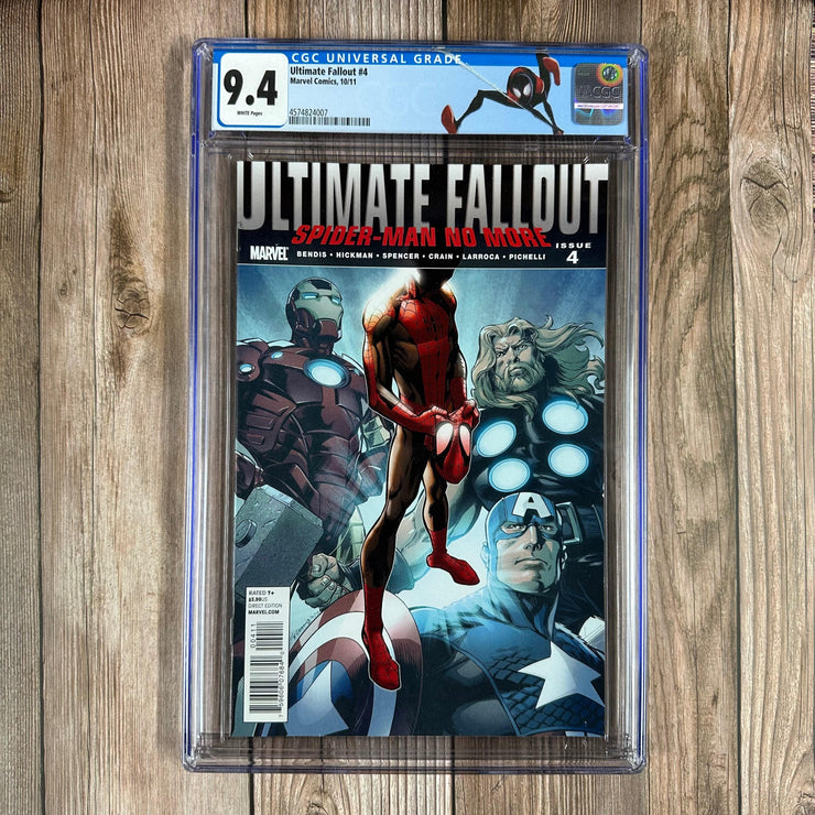 Bry's Comics *B0X1 Ultimate Fallout #4 CGC 9.4 WP Custom Label, Cover by Mark Bagley, 1st appearance of Miles Morales (Cert 007)