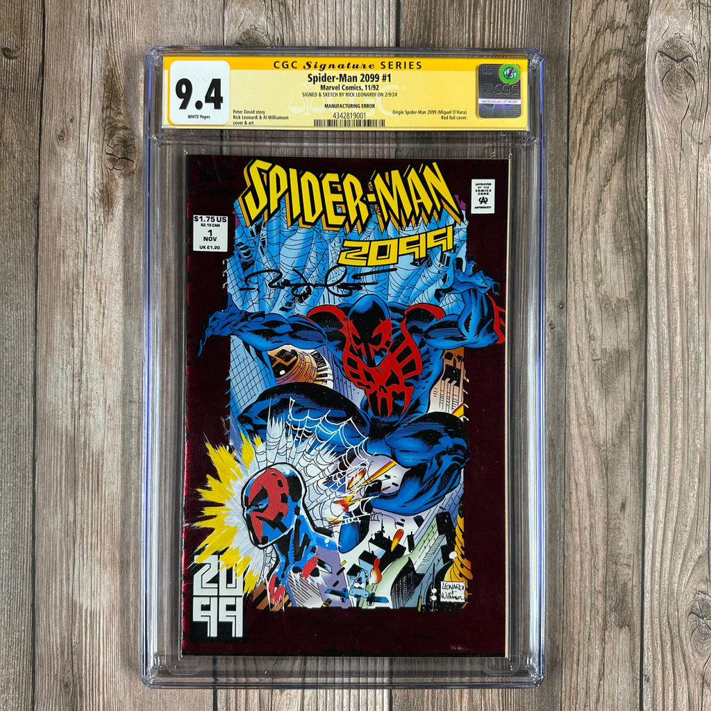 Bry's Comics *B0X2 Spider-Man 2099 #1 CGC 9.4 WP SS Signed & Sketched by Rick Leonardi, Red Foil Cover 1st appearance and origin of Spider-Man 2099 (Miguel O’Hara) (cert:9001) Manufacturing ERROR