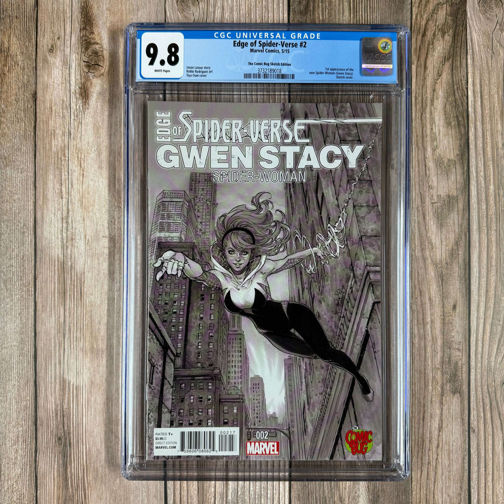 Bry's Comics *B0X3 Edge of Spider-Verse #2 CGC 9.8 WP The Comic Bug Sketch Store Exclusive B&W Variant Cover by Siya Oum 1st appearance of Spider-Gwen (Earth-65), Em Jay Watson (Earth-65), and the Mary Janes