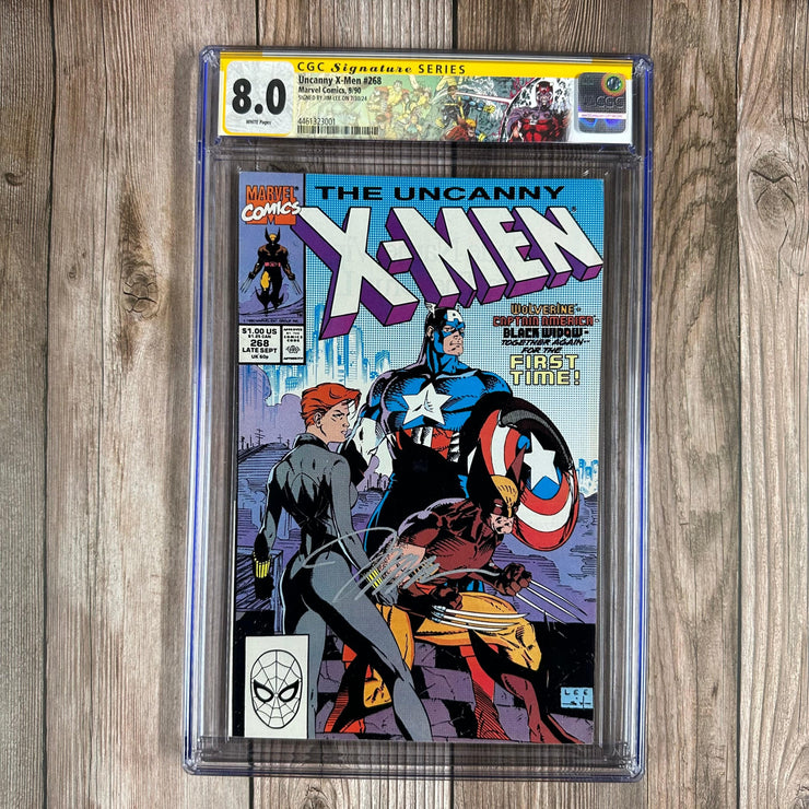 Bry's Comics *B0X3 Uncanny X-Men #268 CGC 8.0 WP Custom Label, SS Signed by Jim Lee, Iconic Jim Lee Cover & 1st Cap/Wolverine Meeting