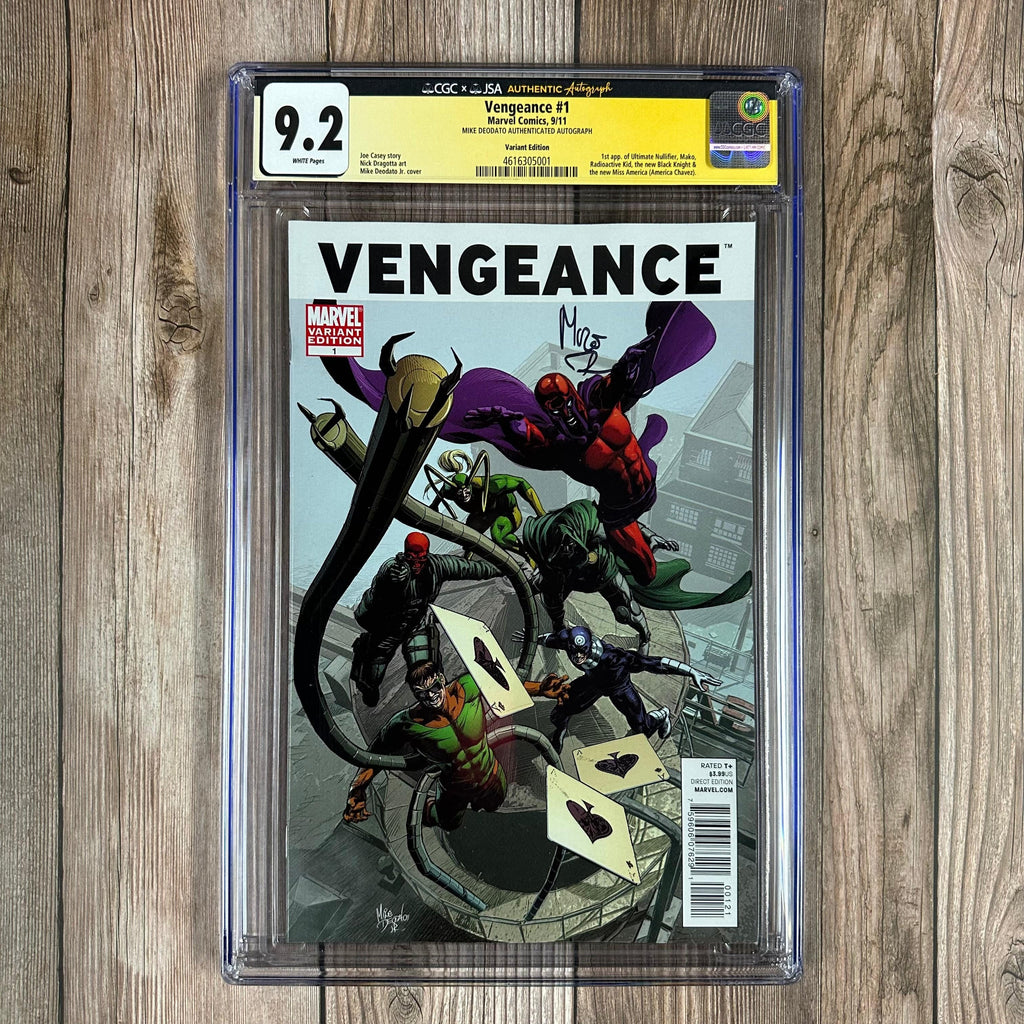Bry's Comics *B0X3 Vengeance #1 CGC 9.2 WP Authenticated Signature of Mike Deodato Jr. 1:15 Variant Edition 1st appearance of America Chavez, Ultimate Nullifier, Mako, Radioactive Kid, new Black Knight (cert:5001)
