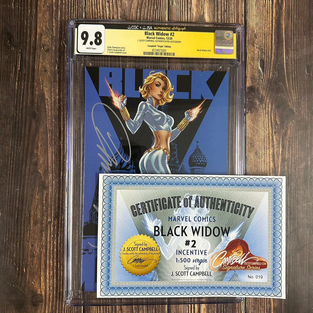 Bry's Comics Black Widow #2 CGC 9.8 WP 1:500 Campbell “Virgin” Edition Cover by J. Scott Campbell , Authenticated Autograph of  J. Scott Campbell (COA No.019)