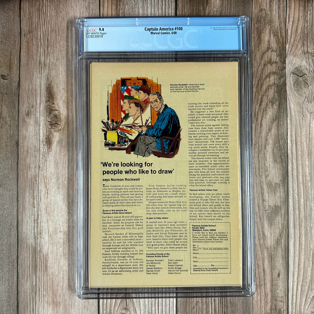 Bry's Comics Captain America #100 CGC 9.4 1st solo-titled Captain America series in the Silver Age beginning with issue #100, Formerly titled Tales of Suspense